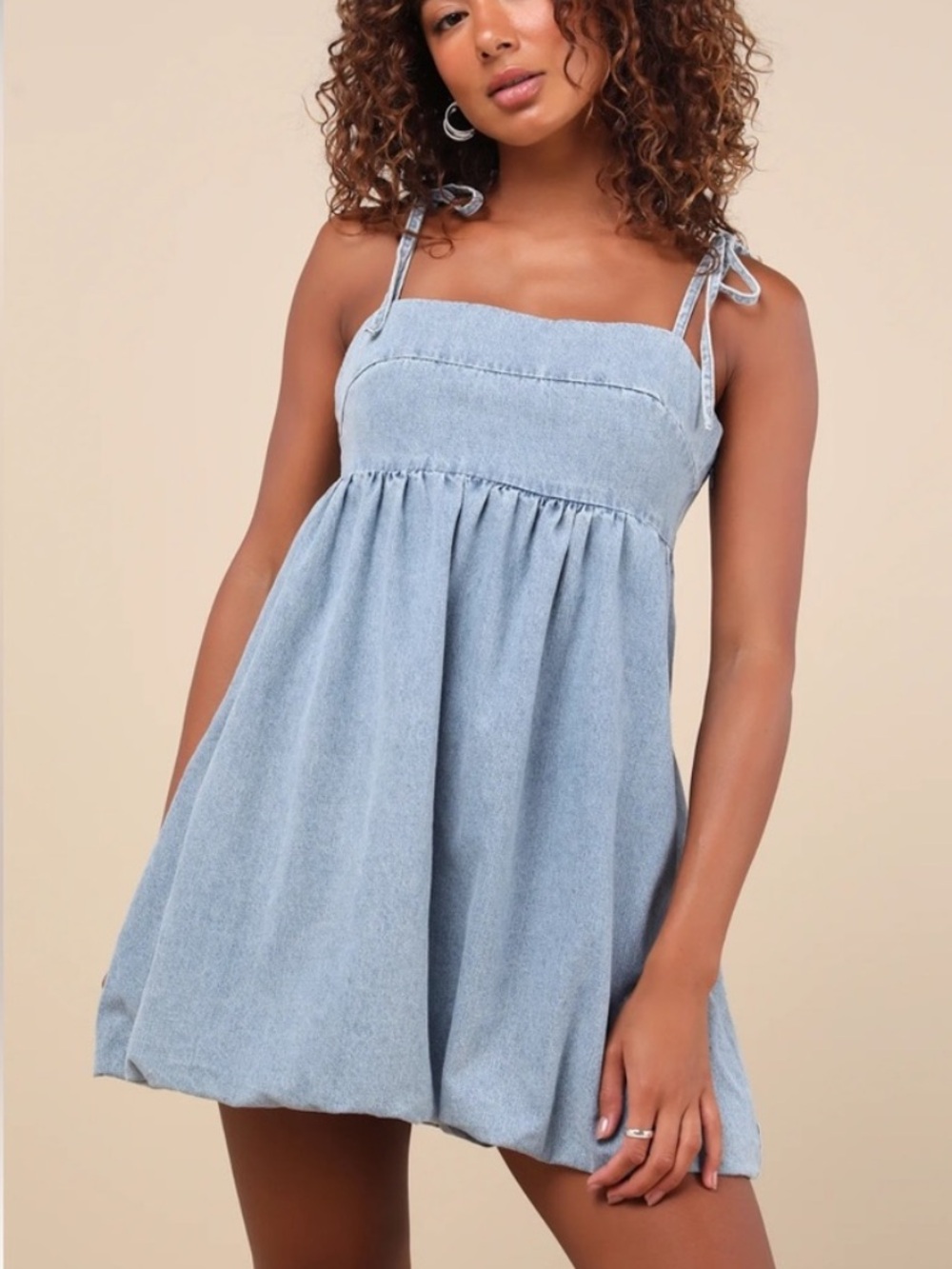 Lulus Charmed Aura Denim Tie-Strap Bubble Hem Mini Dress Size S